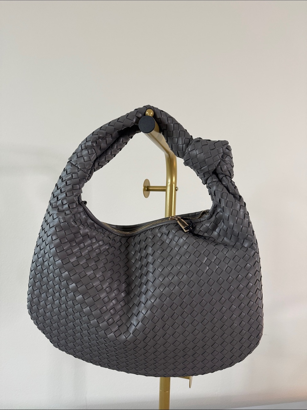Woven Knot-Handle Shoulder Bag in Dark Gray
